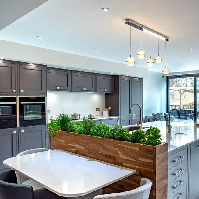 A view of a luxury kitchen with spacious storage.