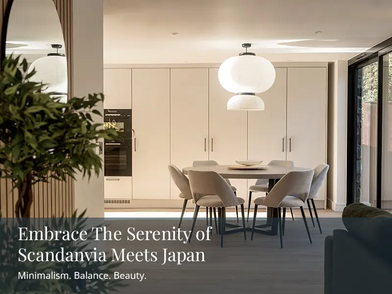 Japandi kitchen design with clean lines, natural wood accents, and soft, balanced lighting for a serene, minimalist feel.
