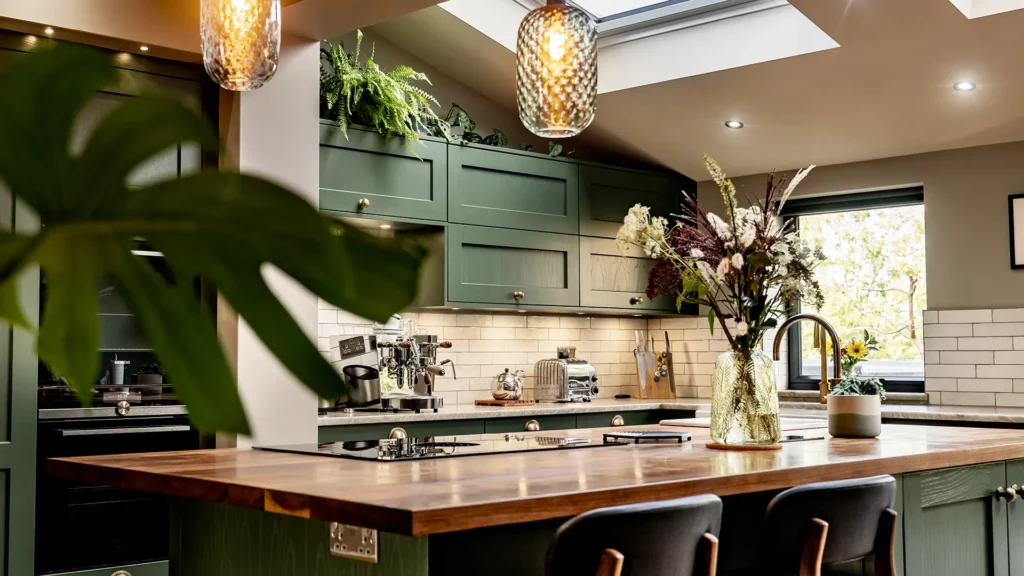 Contemporary green shaker kitchen with wooden island worktop and pendant lighting in Sheffield showroom