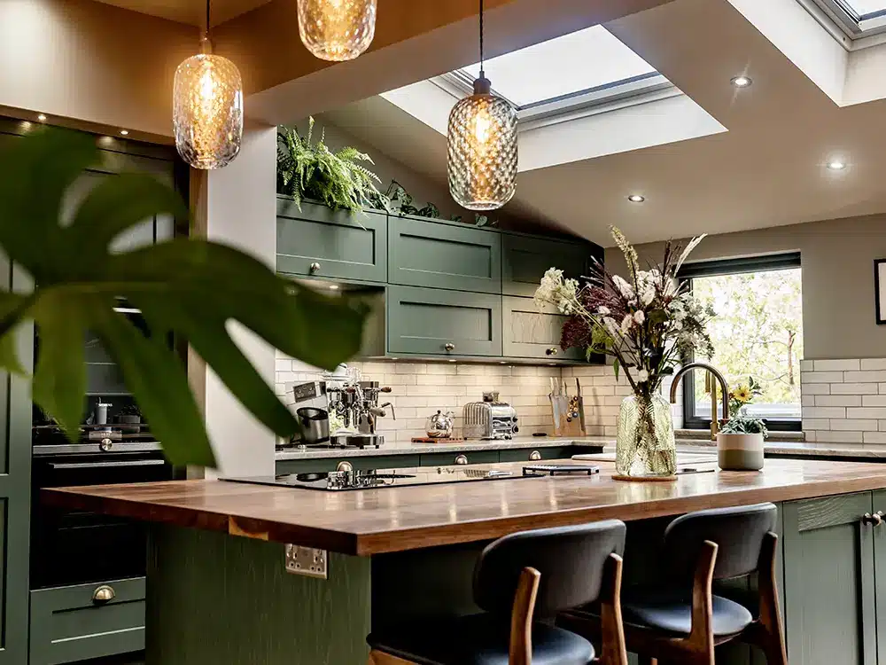 Bespoke heritage green kitchen island with leather bar stools in Harrogate