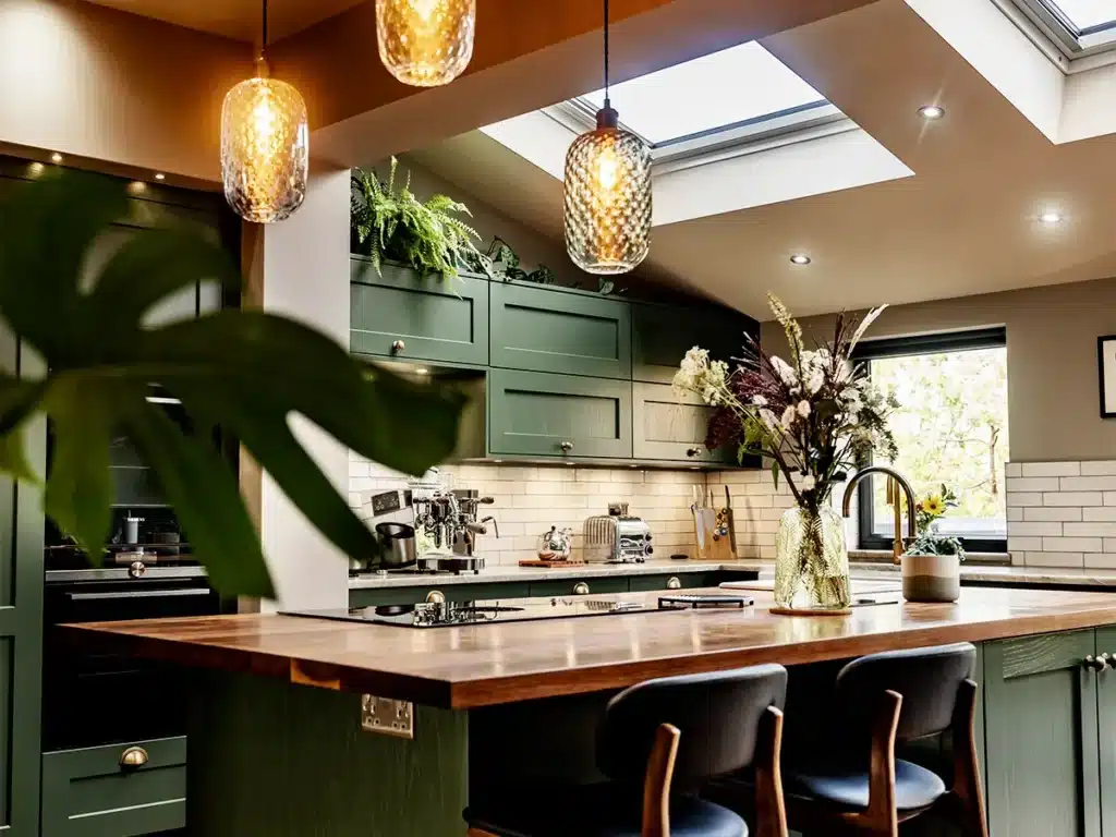 Our bespoke green shaker kitchen range, shown with a dark wood island, brass tap, and modern bar stools.