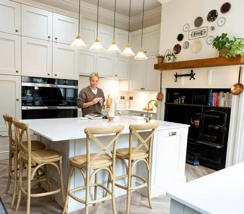Bespoke traditional white shaker kitchen with marble island, brass lighting, wooden stools and a character fireplace feature.