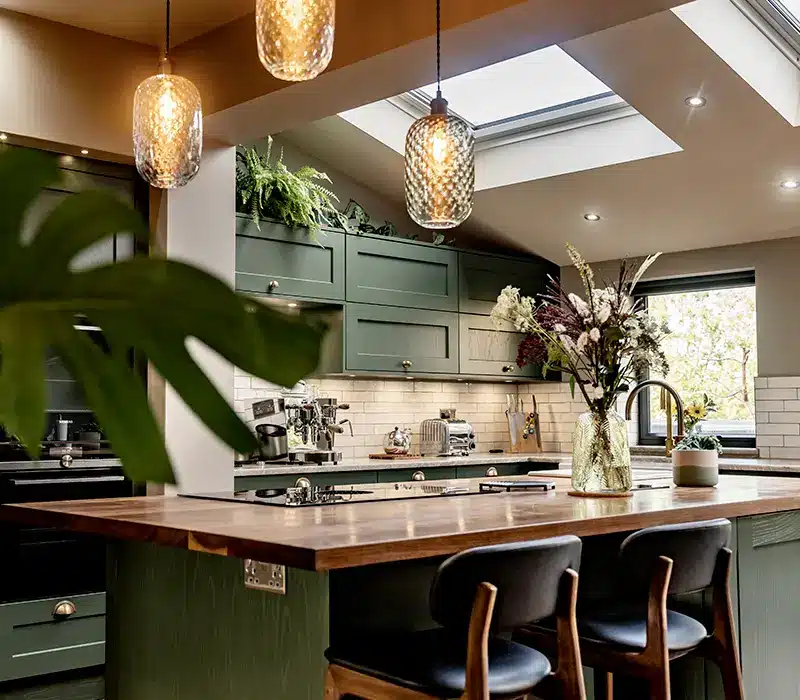 Sage green painted kitchen cabinetry with wooden worktop and pendant lighting